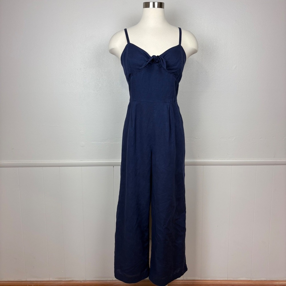 J.Crew Factory Linen Cotton Jumpsuit Size 8 Navy Blue Strappy Bow Front Wide Leg